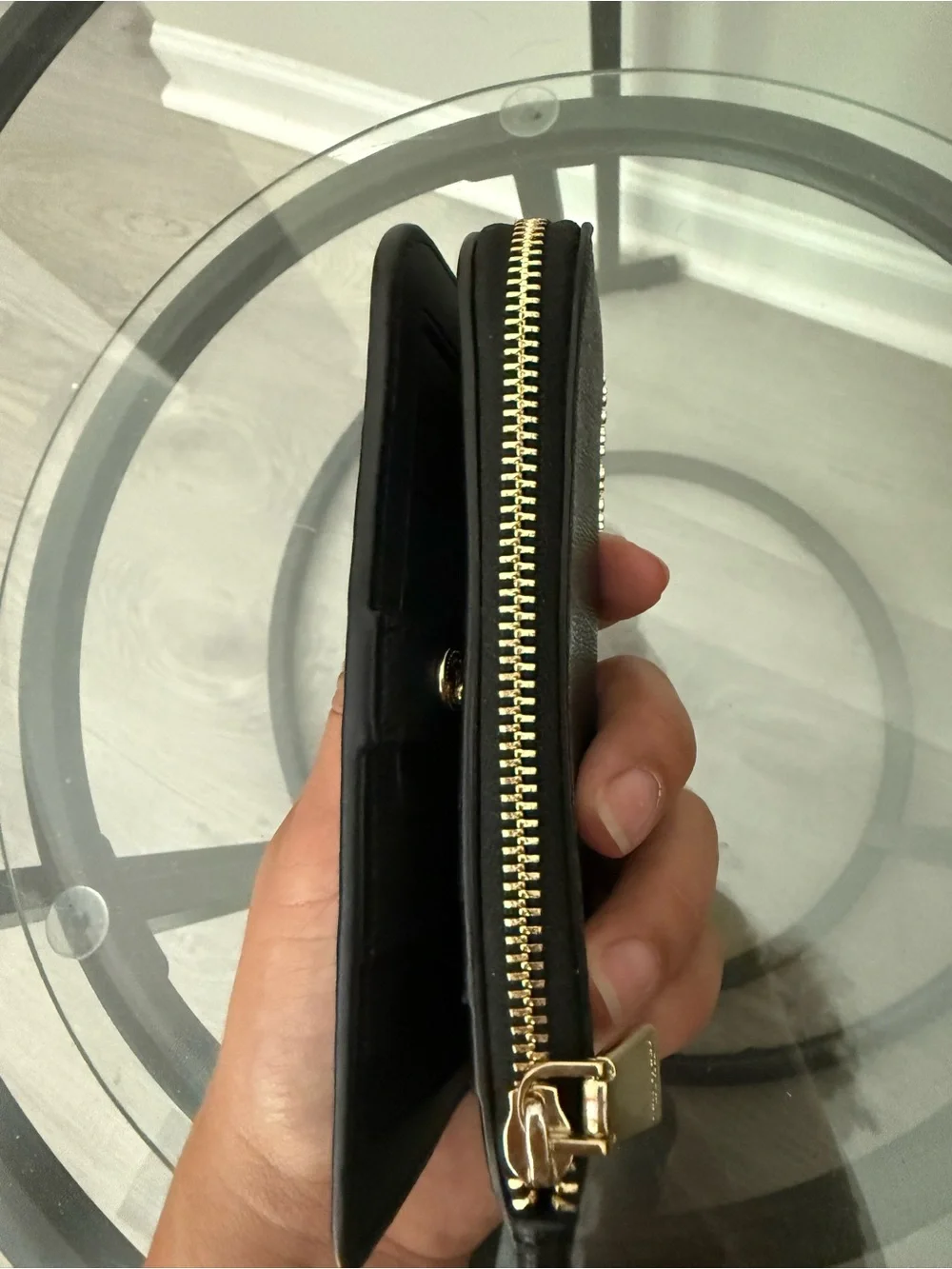 kate spade black leather bifold card wallet with zip coin pocket